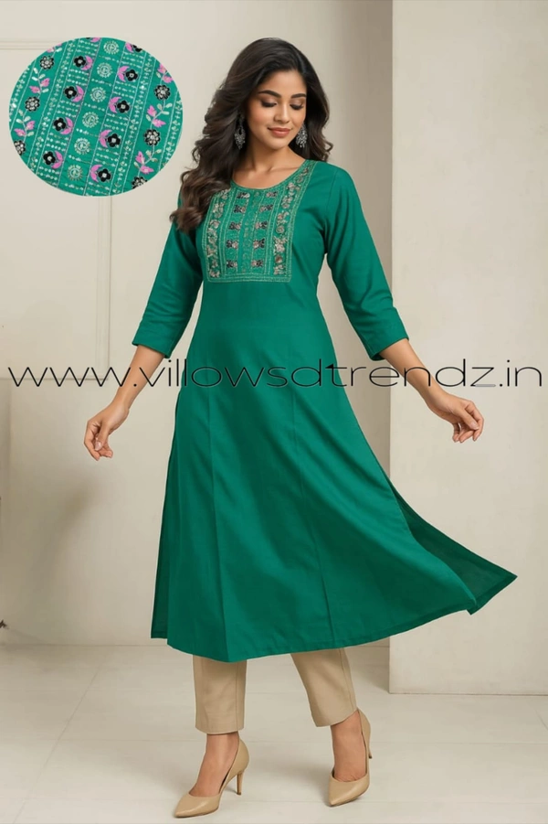 Twill Blue Silk Kurti |3/4th Sleeve | Side Cut kurti| Green | SK1503 - M, Green