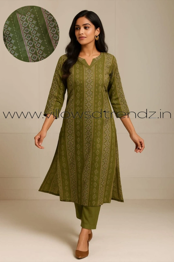Twill Blue Silk Kurti |3/4th Sleeve | Side Cut kurti| Green | ZR22111 - XL, Green