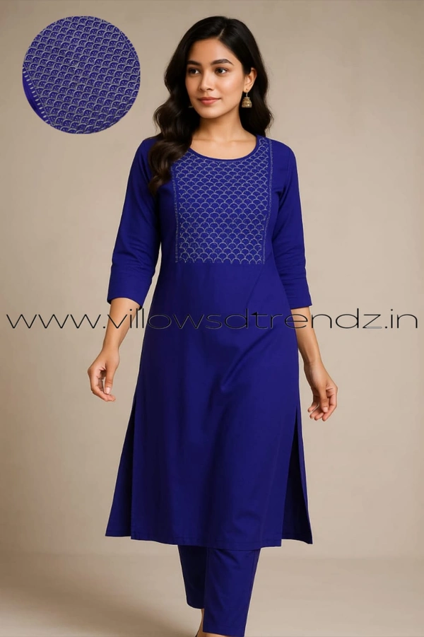 Twill Blue Silk Kurti |3/4th Sleeve | Side Cut kurti| Ink Blue | SK22002 - L, Ink Blue