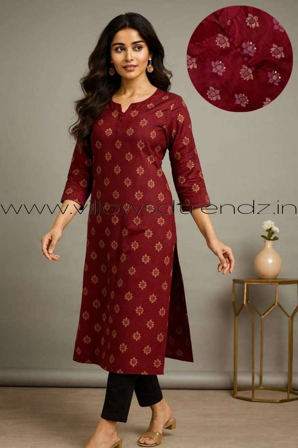 Twill Blue Silk Kurti |3/4th Sleeve | Side Cut kurti| Maroon | SK265001 - M, Maroon