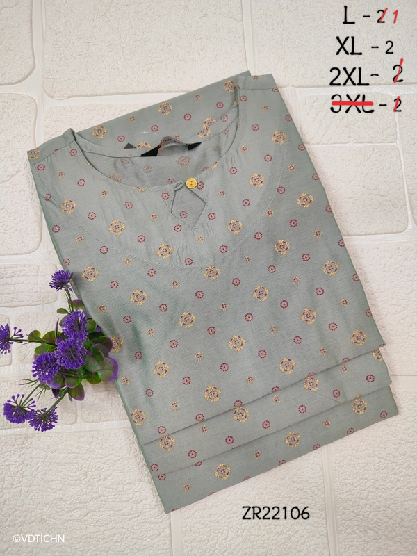 Twill Blue Silk Kurti |3/4th Sleeve | Side Cut kurti| Metalic green|  ZR22106 - L, Metalic green