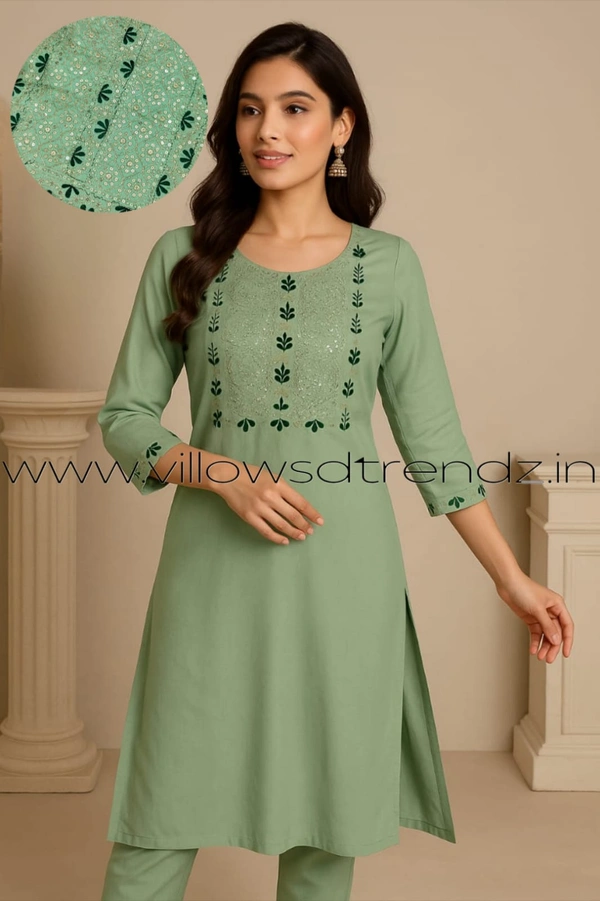 Twill Blue Silk Kurti |3/4th Sleeve | Side Cut kurti| Peach green | EMS9008 - 2XL, Peach green