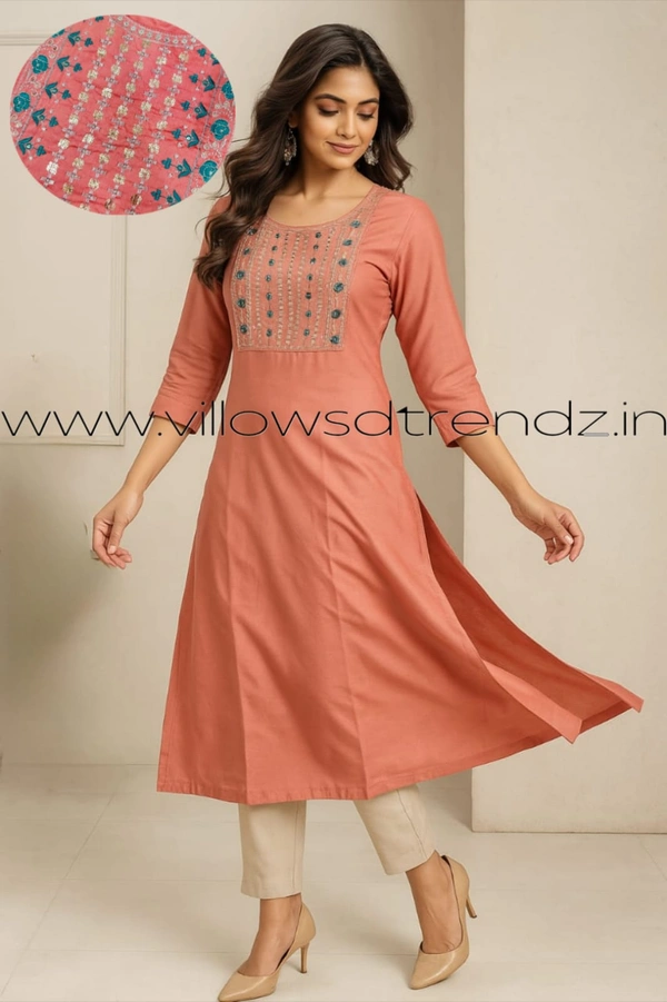 Twill Blue Silk Kurti |3/4th Sleeve | Side Cut kurti| Peach | SK1501 - M, Peach
