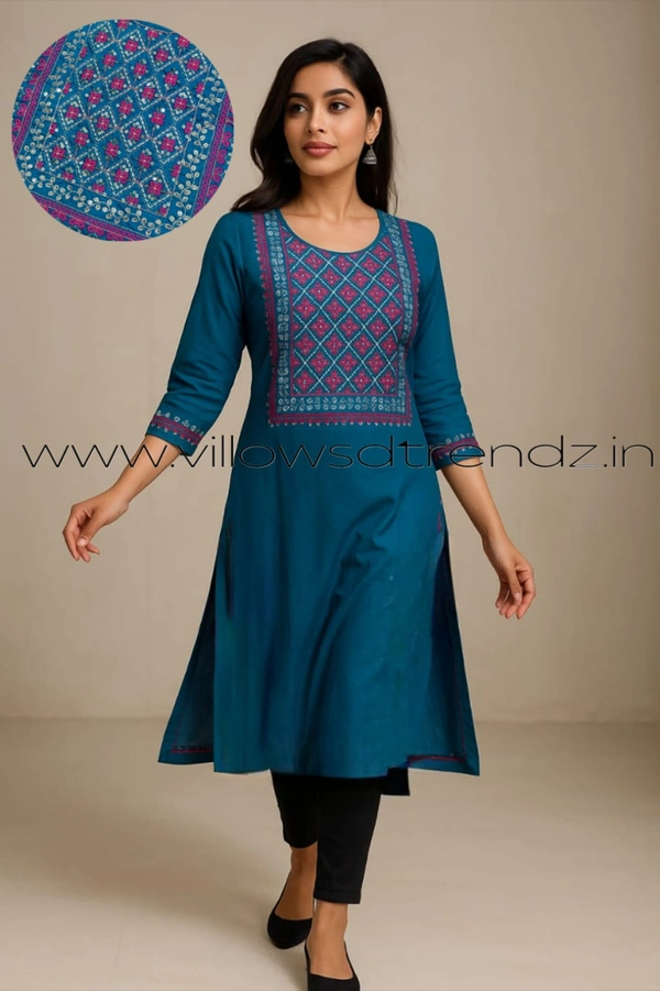 Twill Blue Silk Kurti |3/4th Sleeve | Side Cut kurti| Peacock Blue | EMS9005 - M, Peacock Blue