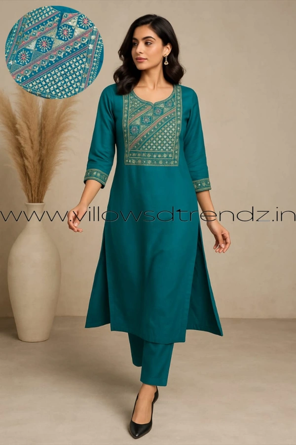 Twill Blue Silk Kurti |3/4th Sleeve | Side Cut kurti| Peacock green | EMS9009 - XL, Peacock green