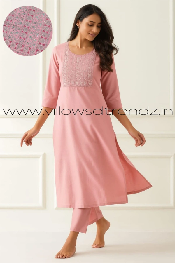 Twill Blue Silk Kurti |3/4th Sleeve | Side Cut kurti| Pink | EMS9006 - M, Pink