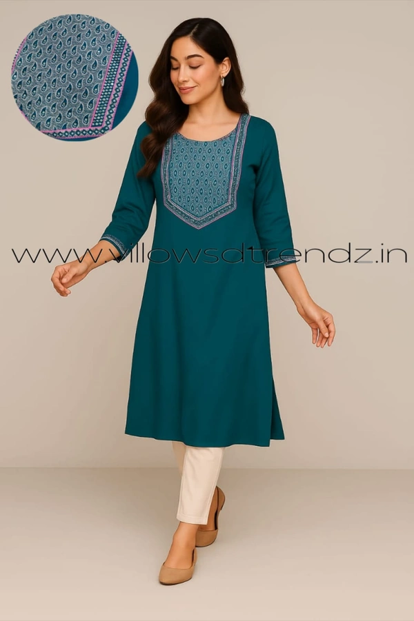 Twill Blue Silk Kurti |3/4th Sleeve | Side Cut kurti| Rama Green | SK1505 - XL, Rama Green