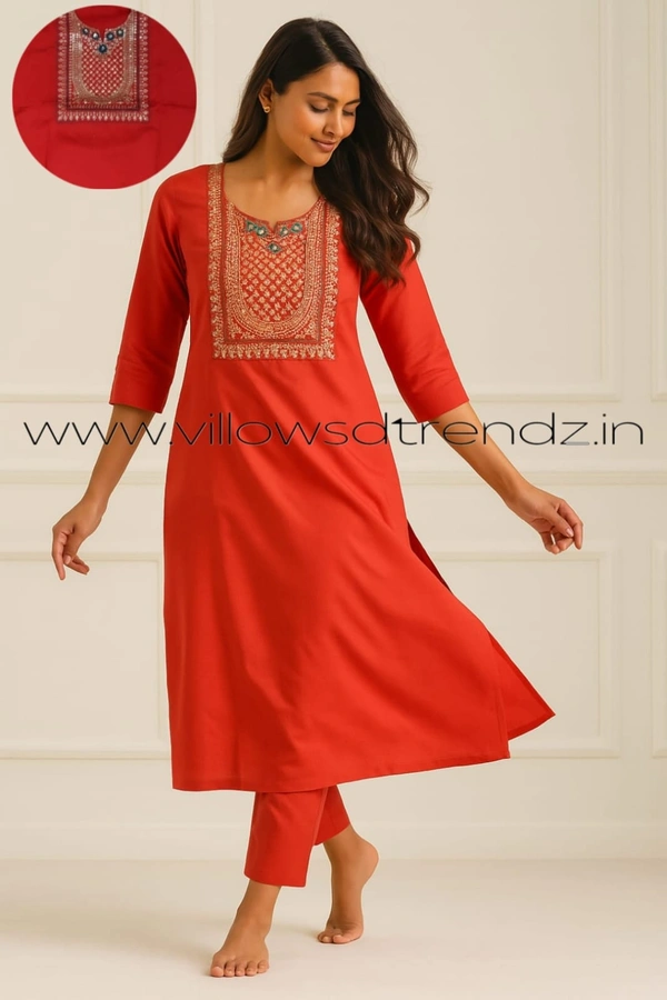 Twill Blue Silk Kurti |3/4th Sleeve | Side Cut kurti| Red | SK1521 - L, Red