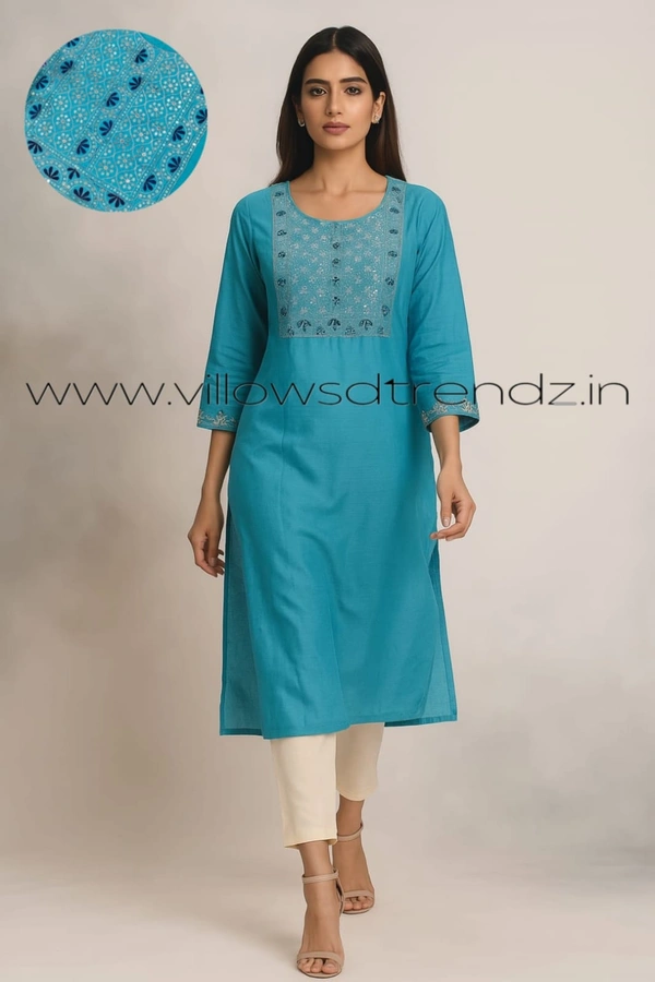 Twill Blue Silk Kurti |3/4th Sleeve | Side Cut kurti| Sky Blue | EMS9001 - XL, Sky blue
