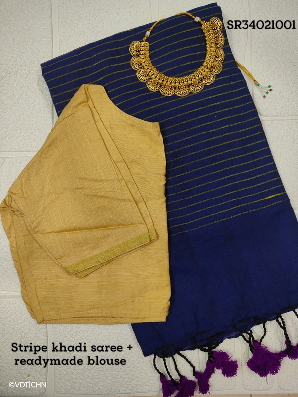 Ruthvi Ethincs Stripe Khadi Saree With blouse SR34021001 - Saree With Blouse, Blue