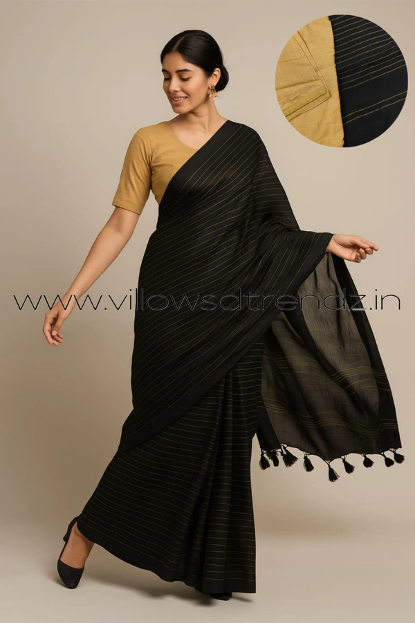 Ruthvi Ethincs Stripe Khadi Saree With blouse SR34021002 - Black, Saree With Blouse