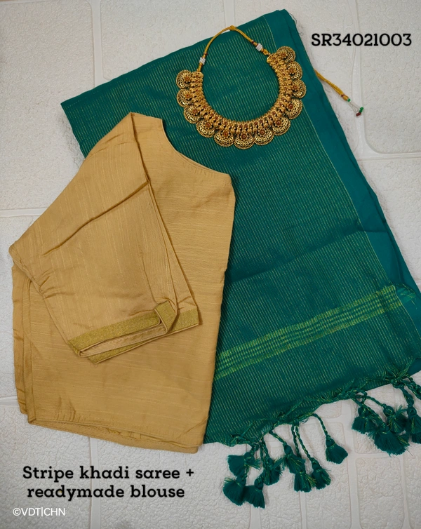 Ruthvi Ethincs Stripe Khadi Saree With blouse SR34021003 - Saree With Blouse, Rama Green