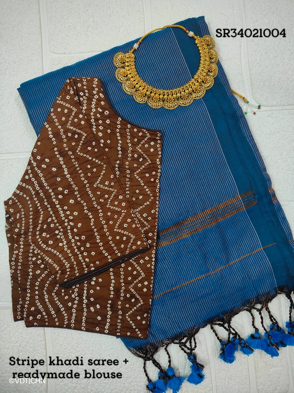 Ruthvi Ethincs Stripe Khadi Saree With blouse SR34021004 - Saree With Blouse, Peacock Blue