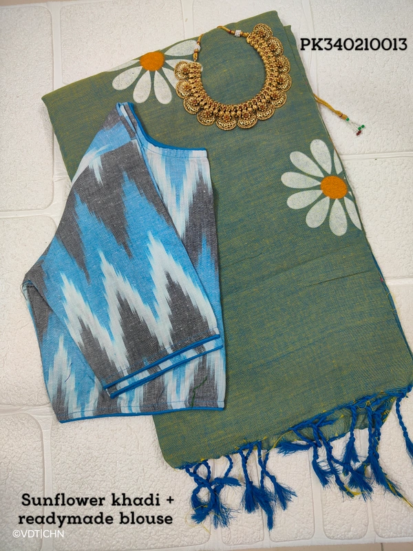 Ruthvi Ethincs Sunflower khadi Cotton Saree With Blouse PK340210013 - Saree With Blouse, Ash