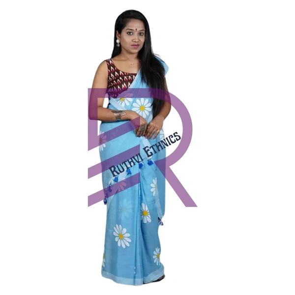 Ruthvi Ethincs Sunflower khadi Cotton Saree With Blouse PK34021008 - Saree With Blouse, Sky Blue