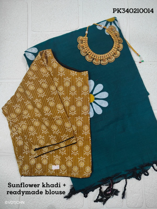 Ruthvi Ethincs Sunflower khadi Cotton Saree With Blouse PK340210014 - Saree With Blouse, Peacock Blue