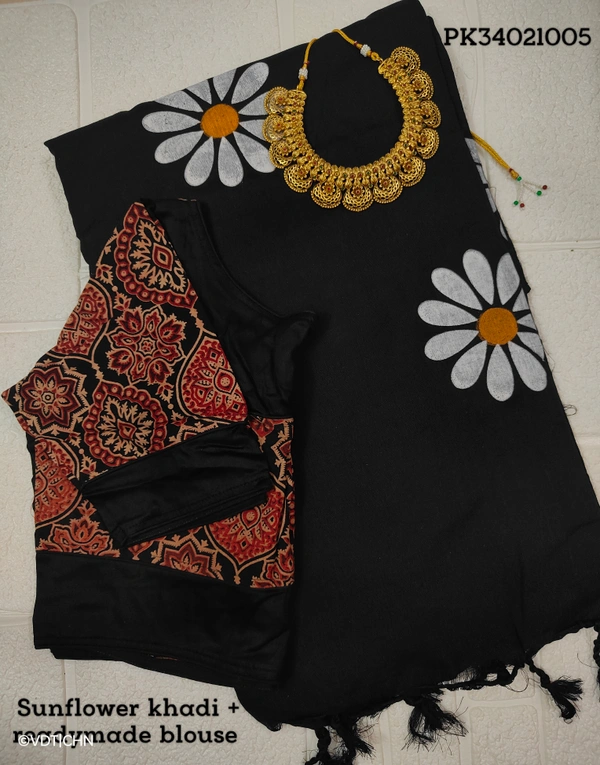 Ruthvi Ethincs Sunflower khadi Cotton Saree With Blouse PK34021005 - Saree With Blouse, Black