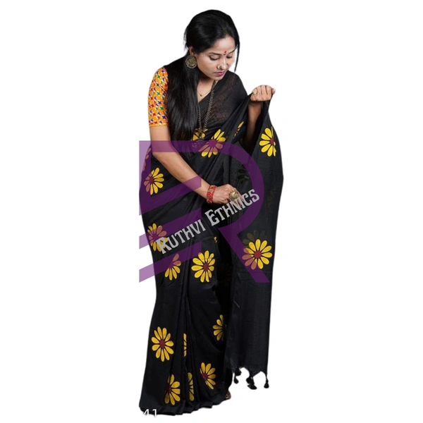 Ruthvi Ethincs Sunflower khadi Cotton Saree With Blouse PK34021005 - Saree With Blouse, Black