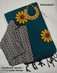 Ruthvi Ethincs Sunflower khadi Cotton Saree With Blouse PK34021007 - Rama Green, Saree With Blouse