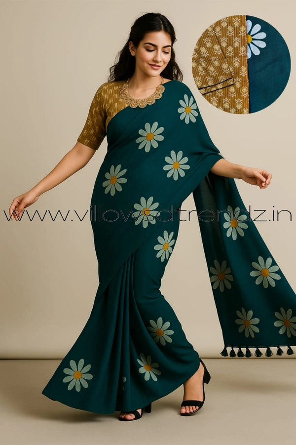 Ruthvi Ethincs Sunflower khadi Cotton Saree With Blouse PK34021007 - Rama Green, Saree With Blouse