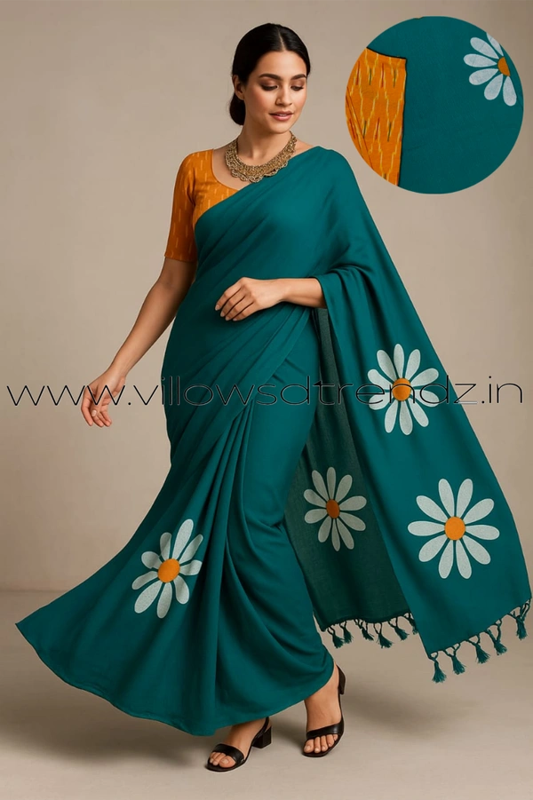 Ruthvi Ethincs Sunflower khadi Cotton Saree With Blouse PK34021009 - Rama Green, Saree With Blouse