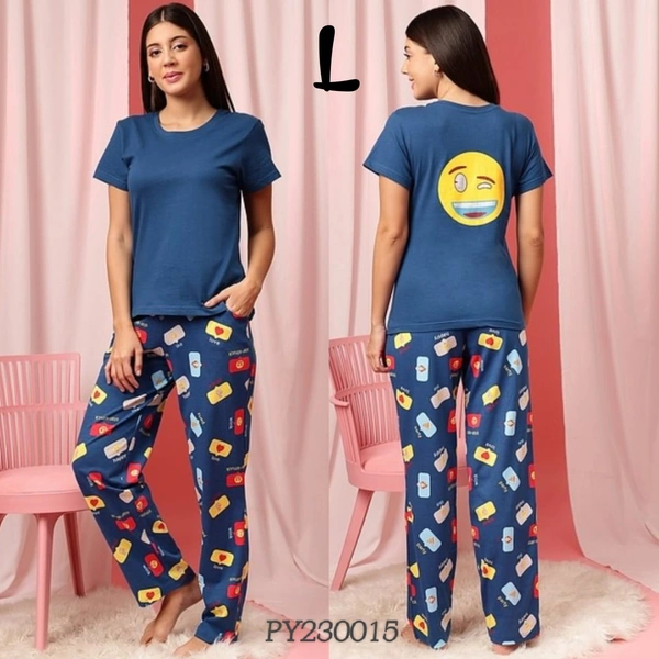 Clovia T -Shirt & Pyjama  Set |100% Cotton|Blue | PY230015 - L, Blue