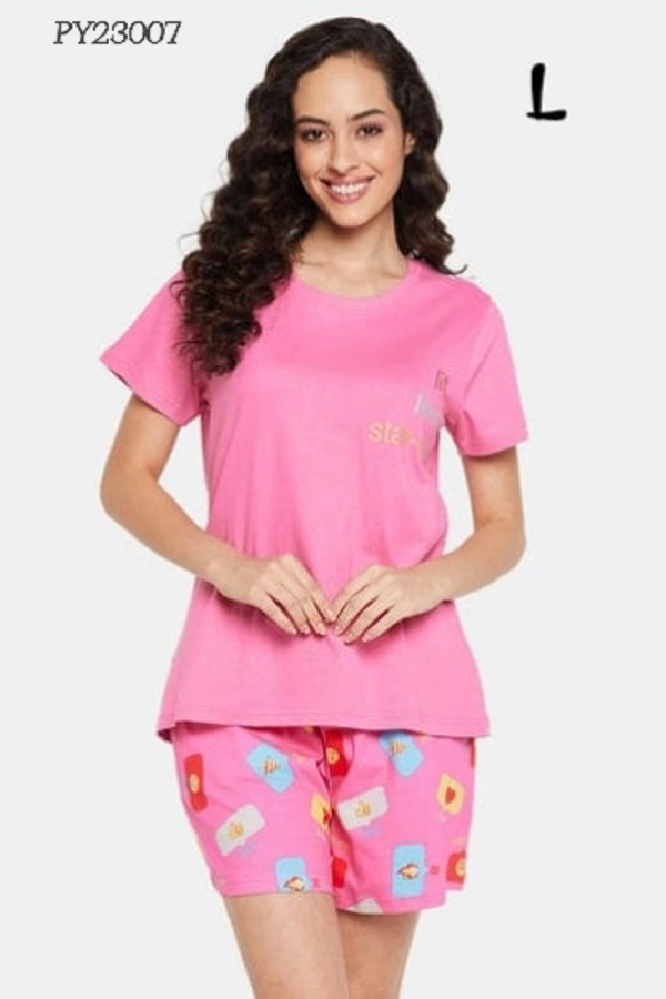 Clovia T- Shirt & Pyjama Short Set |100% Cotton | Pink | PY23007 - L, Pink