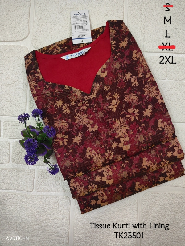 Twill Blue Tissue Silk Kurti with attractive Neck Pattern TK25501 - 2XL, Maroon