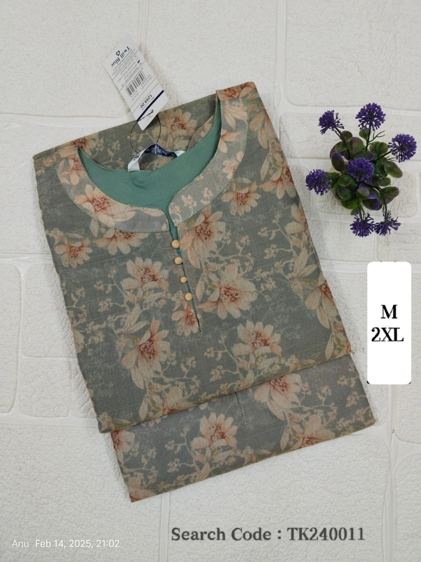 Twill Blue Tissue Silk Kurti with attractive Neck Pattern TK240011 - 2XL, Ash