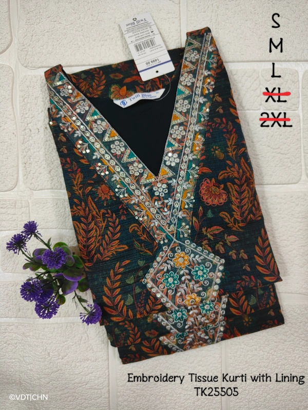 Twill Blue Tissue Silk Kurti with attractive Neck Pattern TK25505 - S, Rama Green
