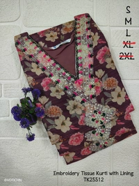 Twill Blue Tissue Silk Kurti with attractive Neck Pattern TK25512 - Beetroot red, S
