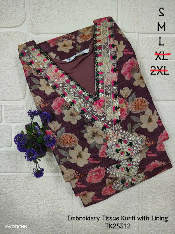 Twill Blue Tissue Silk Kurti with attractive Neck Pattern TK25512 - S, Beetroot red