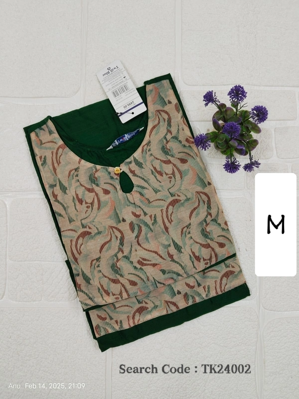 Twill Blue Tissue Silk Kurti with attractive Neck Pattern TK24002 - M, Dark Green