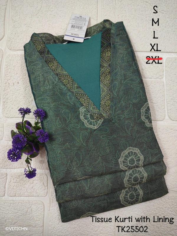 Twill Blue Tissue Silk Kurti with attractive Neck Pattern TK25502 - M, Rama Green