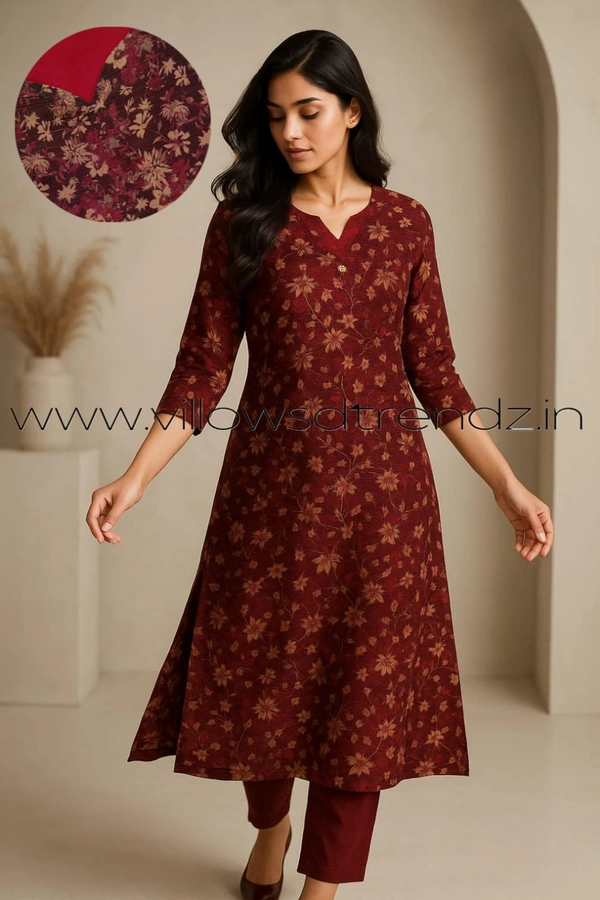Twill Blue Tissue Silk Kurti with attractive Neck Pattern TK25501 - Maroon, L