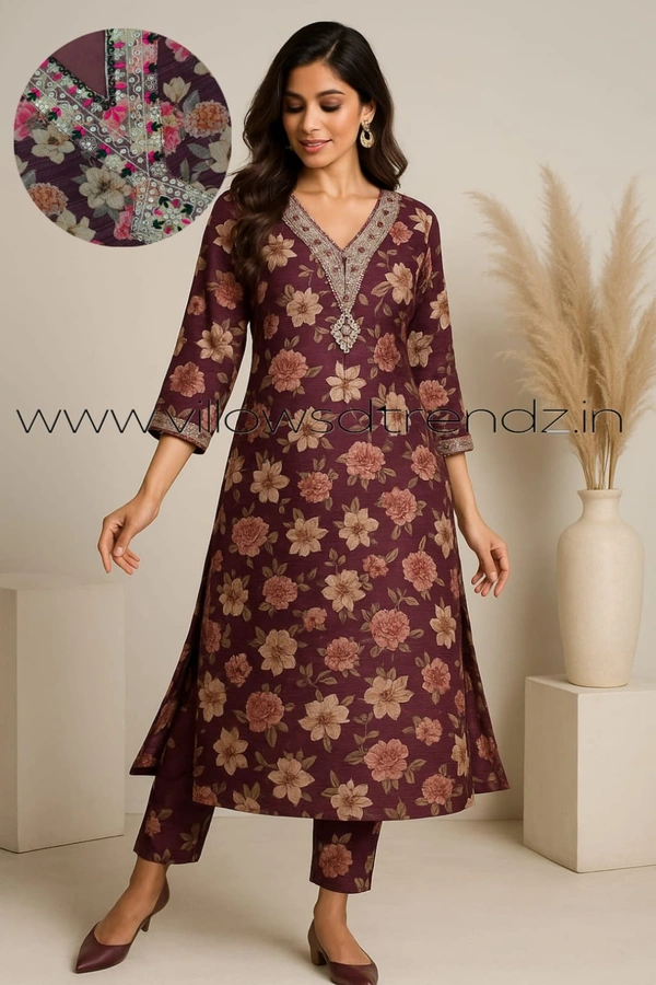 Twill Blue Tissue Silk Kurti with attractive Neck Pattern TK25512 - Beetroot red, S