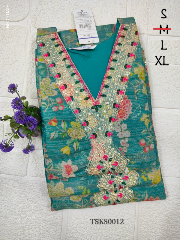 Twill Blue Tissue Silk Kurti with attractive Neck Pattern TSK80012 - L, Sky Blue