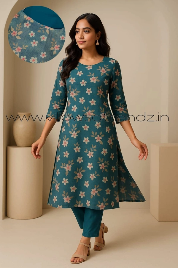 Twill Blue Tissue Silk Kurti with attractive Neck Pattern TSK80018 - Peacock Blue, M