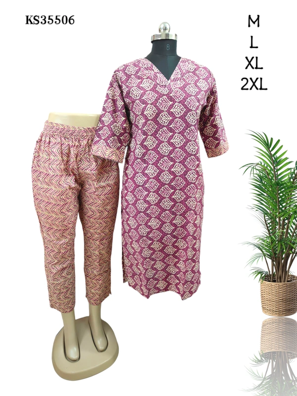 Twill Blue V Neck Kurti Set With Leaf Printed KS35506 - XL, Purple
