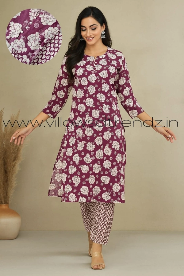 Twill Blue V Neck Kurti Set With Leaf Printed |Onion pink| KS35504 - L, Onion pink