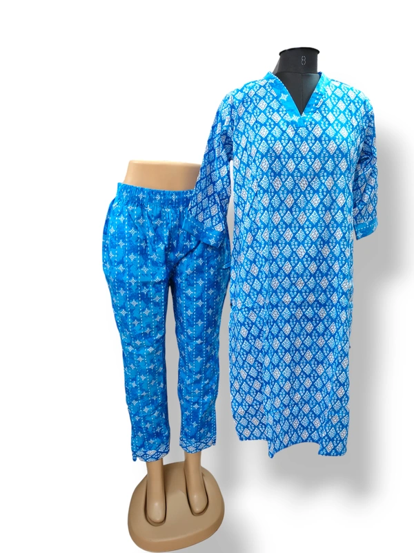 Twill Blue V Neck Kurti With Phant 436 - Blue, XL