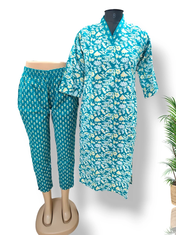 Twill Blue V Neck Kurti With Phant 468 - Peacock Blue, M