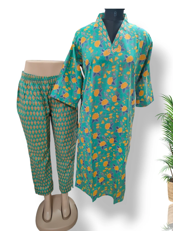 Twill Blue V Neck Kurti With Phant 469 - Green, 2XL