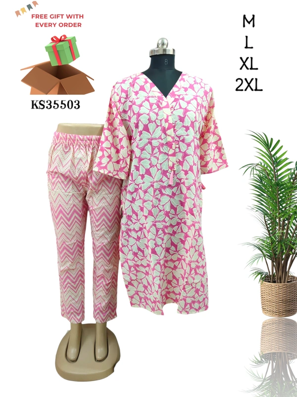 Twill Blue V Neck Kurti With Phant KS35503 - XL, Pink