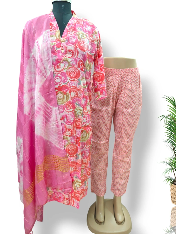 Twill Blue V Neck  Kurti With Phant&Duppata  KS4000 - Pink, XL