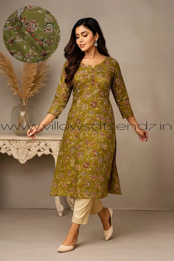 Twill Blue Vatican Silk Kurti | Side cut| 3/4th Sleeve| Green | VT30802 - L, Green