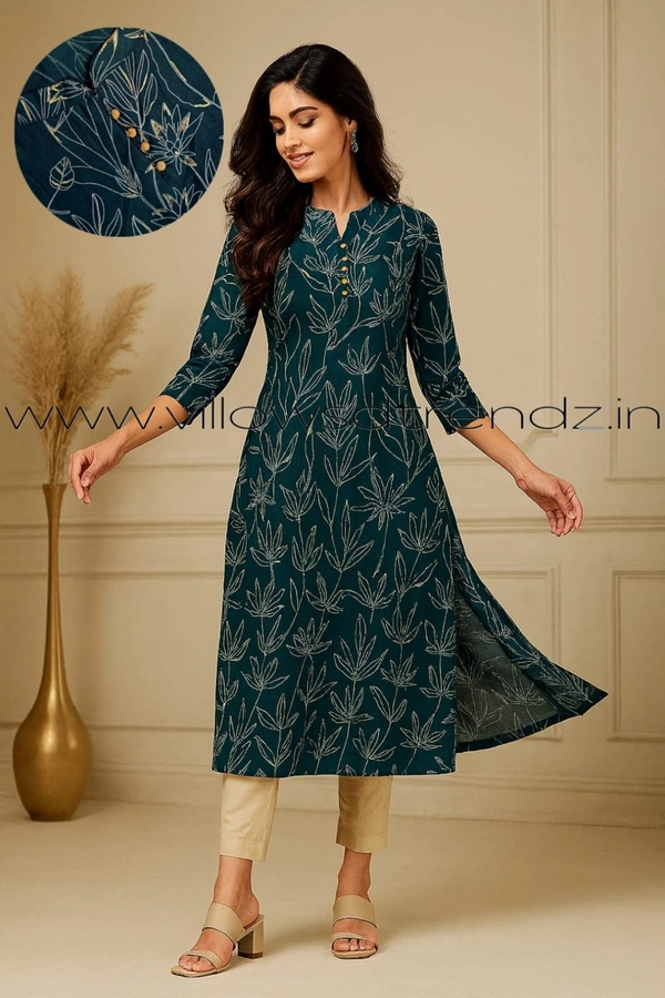 Twill Blue Vatican Silk Kurti | Side cut| 3/4th Sleeve| Rama Blue | VT30804 - L, Rama Blue
