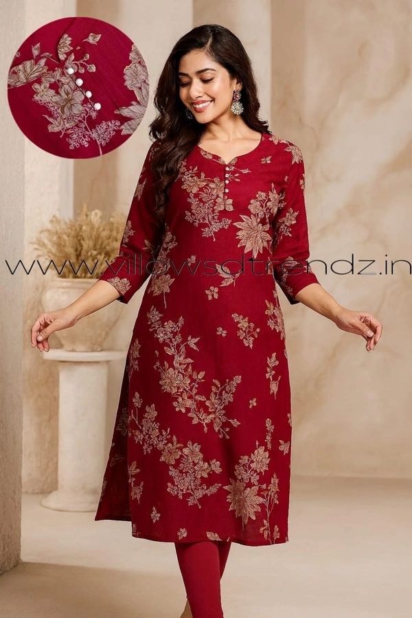Twill Blue Vatican Silk Kurti | Side cut| 3/4th Sleeve| Red | VT30805 - M, Red