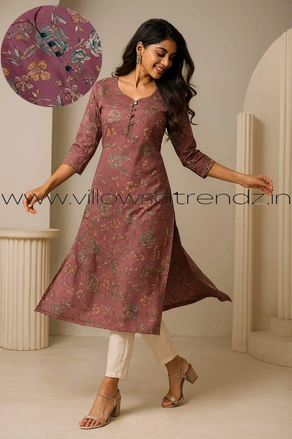 Twill Blue Vatican Silk Kurti | Side cut| 3/4th Sleeve|Onion Pink | VT30803 - L, Onion Pink
