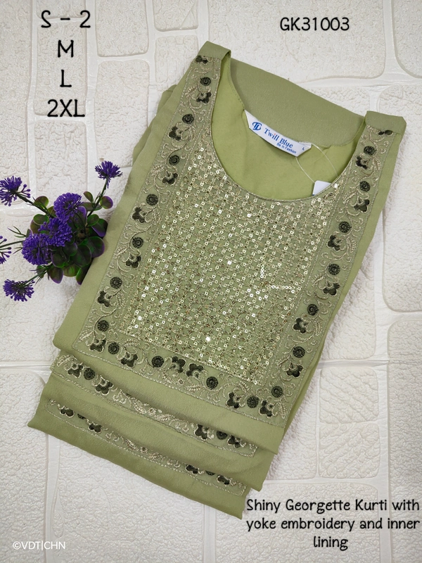 Twill Blue Vichitra Silk Kurti With Yoke Embrodiery GK31003 - S, Green